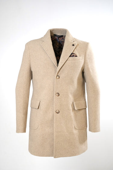Tailored single-breasted coat in camel wool with pocket square and internal lining in V2 fabric