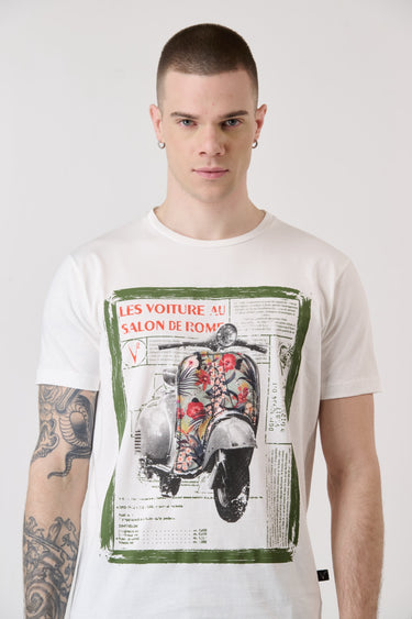 T-Shirt Bianca con Stampa Motori Vintage e inserto in tessuto V2