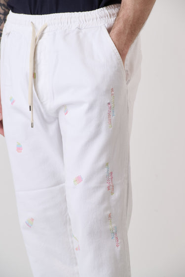 ALICANTE - Pantalone Rocciatore tinto capo Bianco con elastico e ricami multicolor