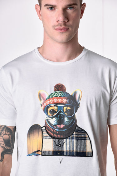 T-Shirt Panna con stampa Bulldog e ricamo in tessuto V2