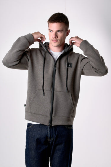 Felpa Cappuccio Zip in neoprene Tortora con dettagli in tessuto V2