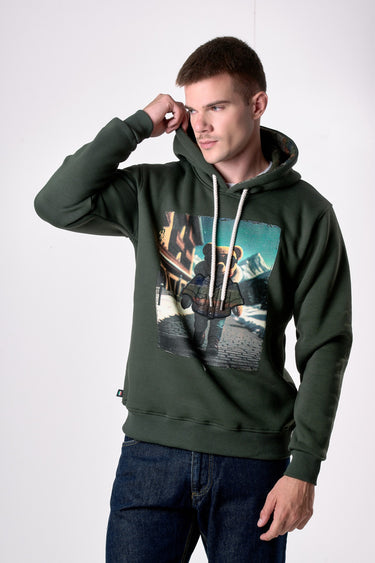 Felpa Cappuccio Verde Militare con stampa Teddy e ricamo in tessuto V2