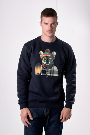 Felpa Girocollo Blu con stampa Bulldog e ricamo in tessuto V2