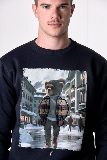 Felpa Girocollo Blu con stampa Teddy e ricamo in tessuto V2