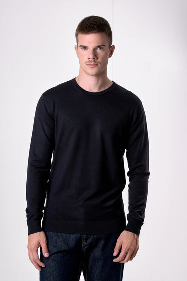Maglione Girocollo in viscosa Blu con toppe in tessuto V2