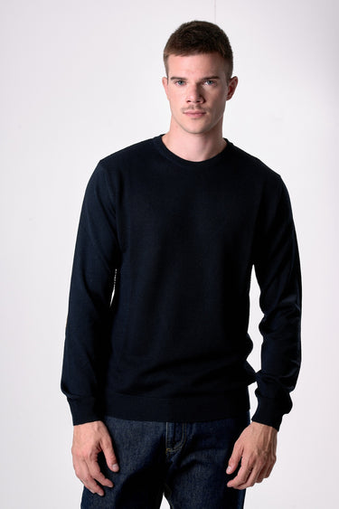 Maglione in lana merino Girocollo punto riso Blu con toppe in tessuto V2