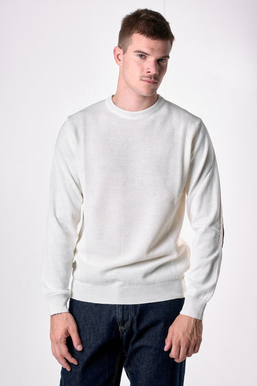 Maglione in lana merino Girocollo punto riso Panna con toppe in tessuto V2