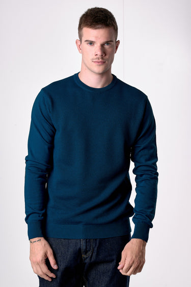 Maglione in lana merino Girocollo punto riso Ottanio con toppe in tessuto V2