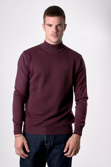 Dolcevita in lana merino punto riso Bordeaux con toppe in tessuto V2