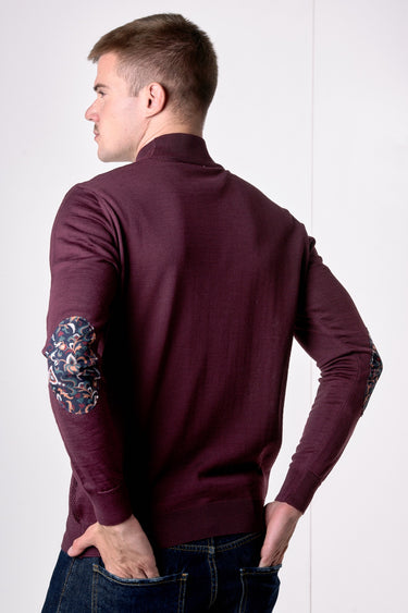 Dolcevita in lana merino punto riso Bordeaux con toppe in tessuto V2