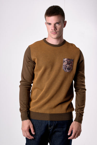 Maglione in lana merino Girocollo punto riso Bicolor Moro con taschino in tessuto V2