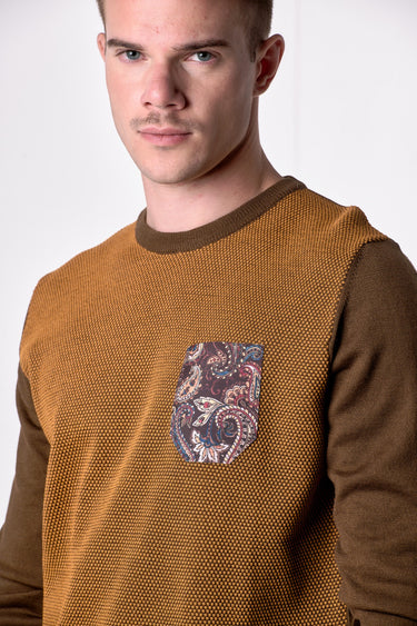 Maglione in lana merino Girocollo punto riso Bicolor Moro con taschino in tessuto V2