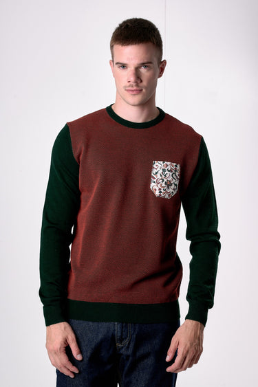 Maglione in lana merino Girocollo punto riso Bicolor Verde con taschino in tessuto V2