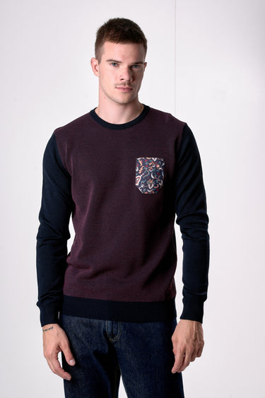 Maglione in lana merino Girocollo punto riso Bicolor Blu con taschino in tessuto V2