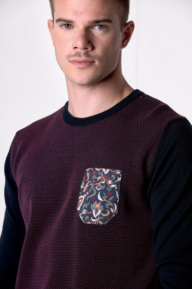 Maglione in lana merino Girocollo punto riso Bicolor Blu con taschino in tessuto V2