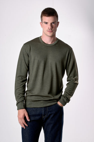 Maglione Girocollo in pura lana extrafine Merino Cardata tinto capo Verde Militare