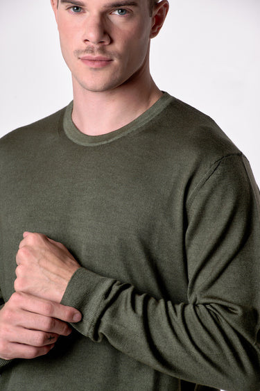 Maglione Girocollo in pura lana extrafine Merino Cardata tinto capo Verde Militare
