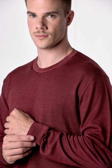 Maglione Girocollo in pura lana extrafine Merino Cardata tinto capo Bordeaux
