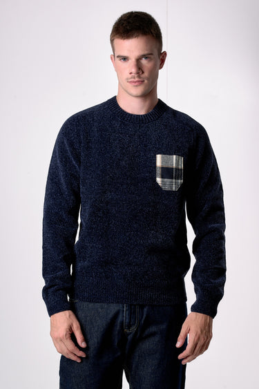 Maglione Girocollo in Ciniglia Blu con Taschino in tessuto V2