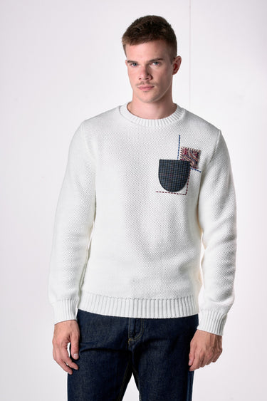Maglione Girocollo occhio di pernice Panna con Taschino Patchwork Ricamato con Tessuti V2