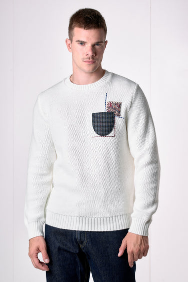 Maglione Girocollo occhio di pernice Panna con Taschino Patchwork Ricamato con Tessuti V2