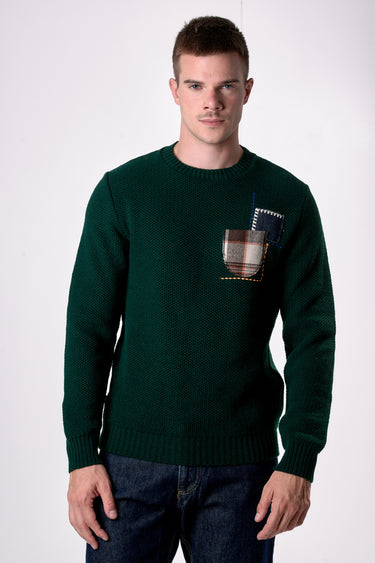 Maglione Girocollo occhio di pernice Verde con Taschino Patchwork Ricamato con Tessuti V2