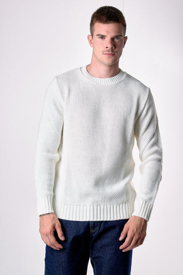 Maglione Girocollo punto riso Panna con Toppe Patchwork Ricamate con Tessuti V2