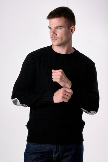 Maglione Girocollo punto riso Nero con Toppe Patchwork Ricamate con Tessuti V2
