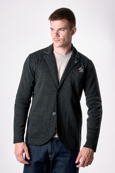 Giacca Monopetto Grigio Antracite con interno collo, toppe e pochette in tessuto V2