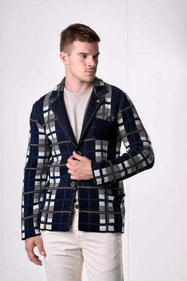 Giacca Monopetto scozzese blu con pochette in tessuto V2