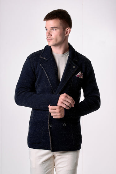 Giacca Doppiopetto in filato Soft Touch Blu con pochette in tessuto V2