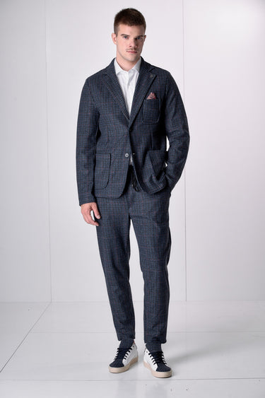 Giacca Monopetto Sartoriale Pied de Poule Blu e Bordeaux con interni e pochette in tessuto V2