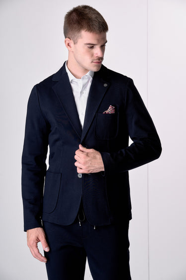 Giacca Monopetto Sartoriale Blu con interni e pochette in tessuto V2