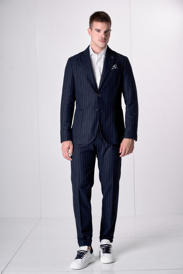 Giacca Monopetto Alta Sartoria Gessato Blu con interni e pochette in tessuto V2
