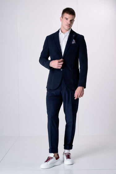 Giacca Monopetto Alta Sartoria in Velluto Blu con interni e pochette in tessuto V2