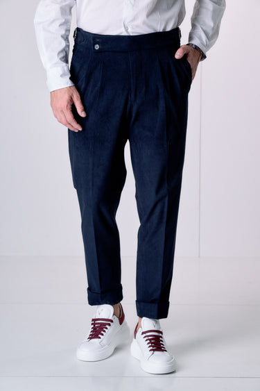 Pantalone Alta Sartoria doppia pence in Velluto Blu con interni in tessuto V2