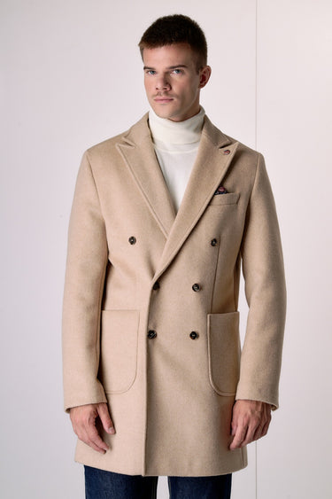 Cappotto Doppiopetto Sartoriale in lana Cammello con pochette e fodera interna in Tessuto V2