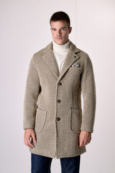 Cappotto Monopetto punto riso Sabbia con fodera interna e pochette in Tessuto V2