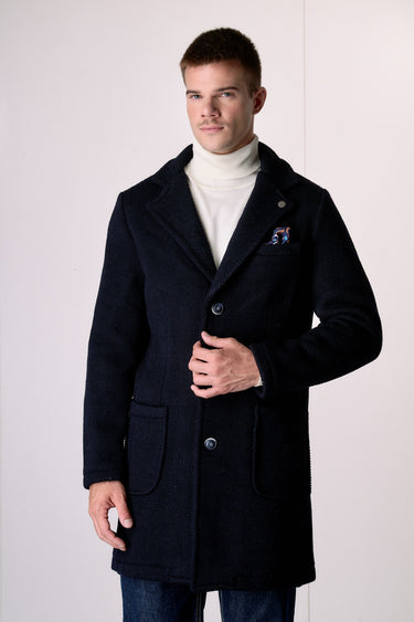 Cappotto Monopetto punto riso Blu con fodera interna e pochette in Tessuto V2