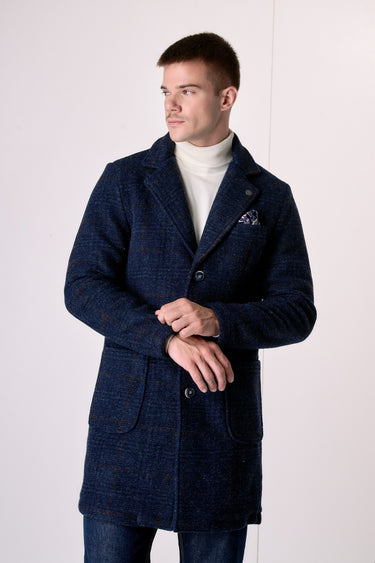 Cappotto Monopetto in lana cotta Principe di Galles Blu con fodera interna e pochette in tessuto V2