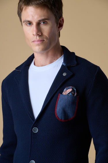 Giacca Monopetto Occhio di Pernice Premium Blu con taschino Jeans, Pochette e interno collo in tessuto V2