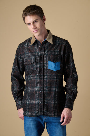Camicia Texana Scozzese Moro con taschino Jeans e collo in Velluto