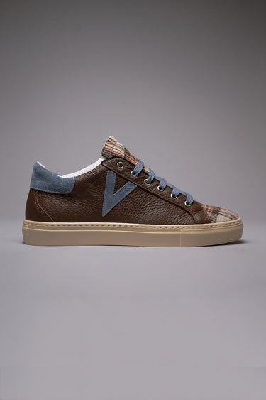 OLYMPIC - Sneakers a suola bassa in pelle martellata Moro con linguetta in tessuto Scozzese