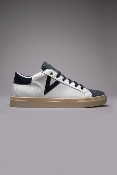OLYMPIC - Sneakers a suola bassa in pelle Bianca con linguetta in tessuto Pied de Poule