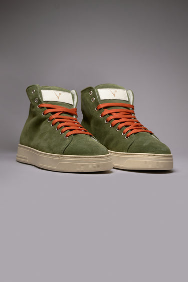 TEDDY - Stivaletto in pelle scamosciata Verde Militare e lacci Arancio