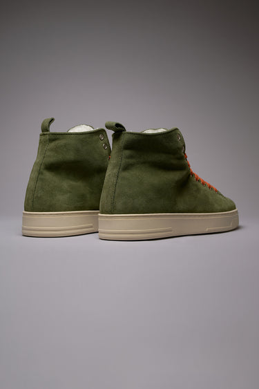TEDDY - Stivaletto in pelle scamosciata Verde Militare e lacci Arancio