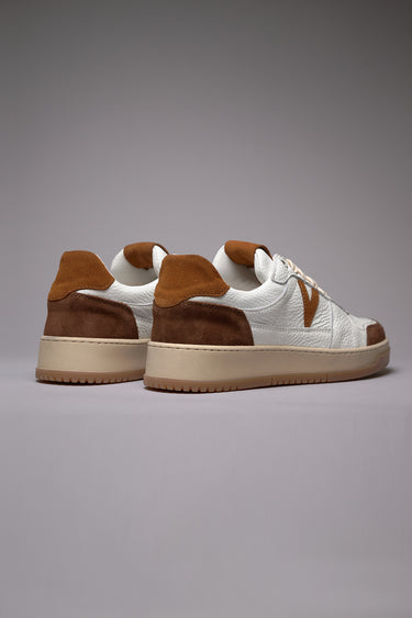 COLLEGE - White Sneakers with Two-Tone Leather and Dark Brown Inserts and Sole