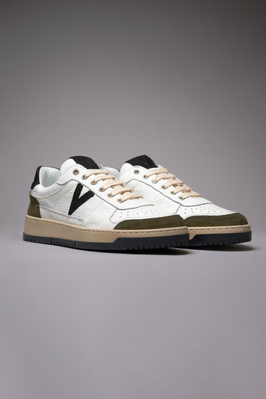 COLLEGE - White Sneakers with Black and Military Green Inserts and Two-Tone Sole