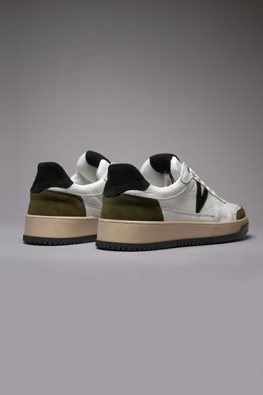 COLLEGE - White Sneakers with Black and Military Green Inserts and Two-Tone Sole