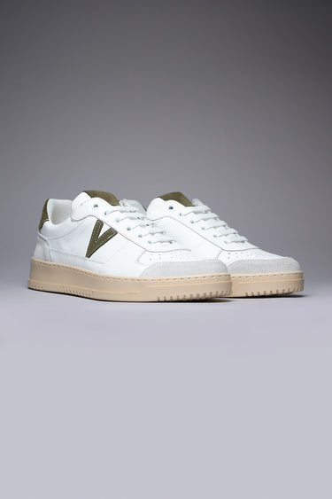 COLLEGE - White Sneakers with Military Green Suede Back and Insert